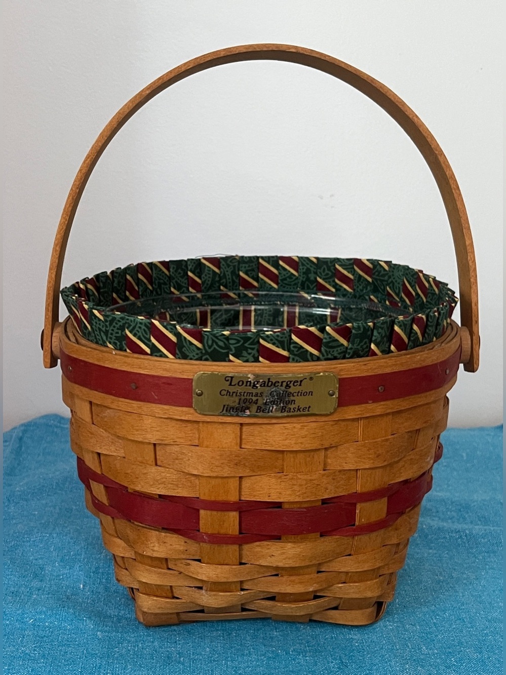 1994 Longaberger Christmas Collection Jingle Bell Basket w/Liner & Protector Red
